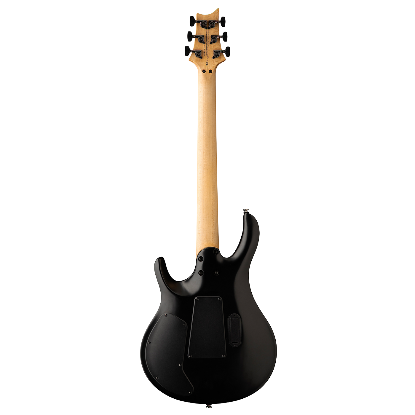 Black electric guitar with a maple neck on a white background