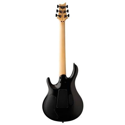 Black electric guitar with a maple neck on a white background