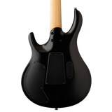 Black electric guitar with a wooden neck on a white background