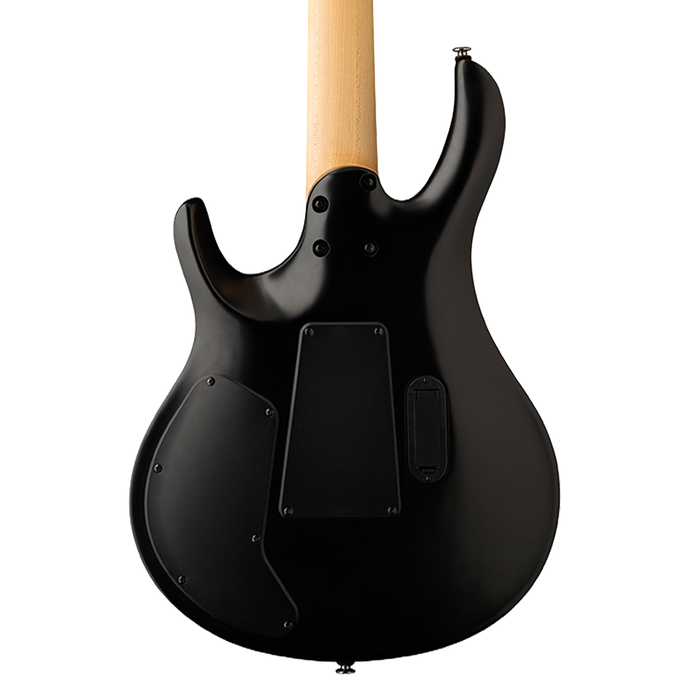 Black electric guitar with a wooden neck on a white background