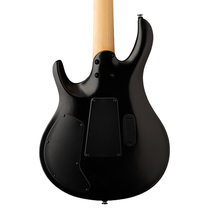 Black electric guitar with a wooden neck on a white background