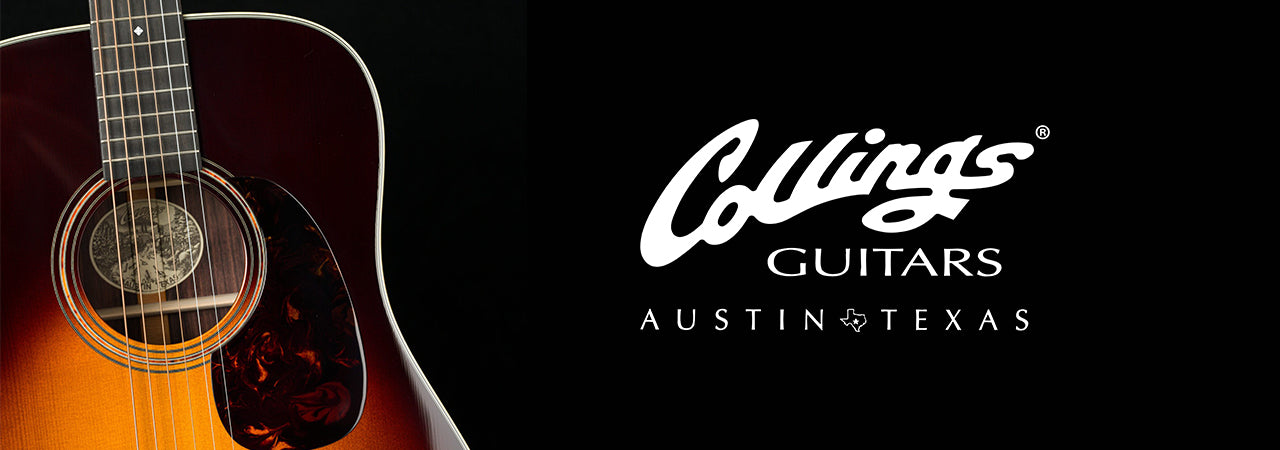 Collings Guitar on a black backdrop with the Collings Logo in white.
