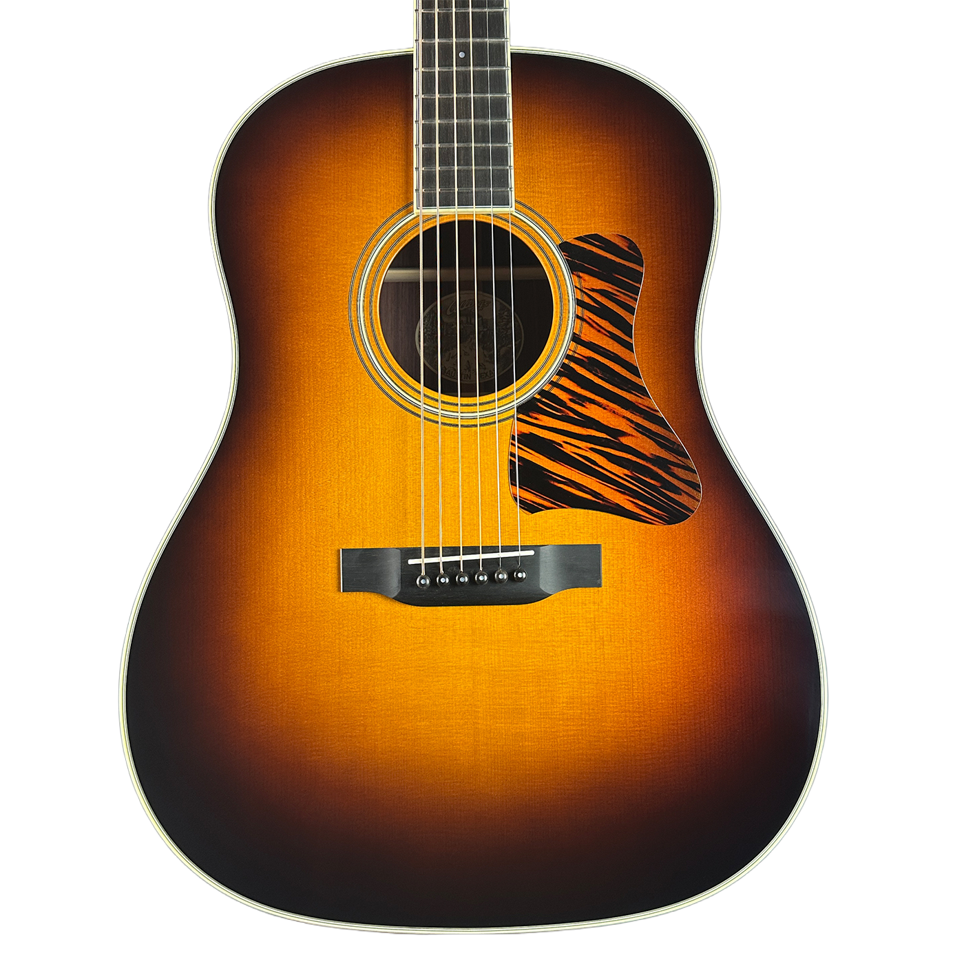 Front of Collings CJ Adirondack Sunburst Tigerstripe Pickguard.