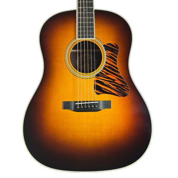 Front of Collings CJ Adirondack Sunburst Tigerstripe Pickguard.