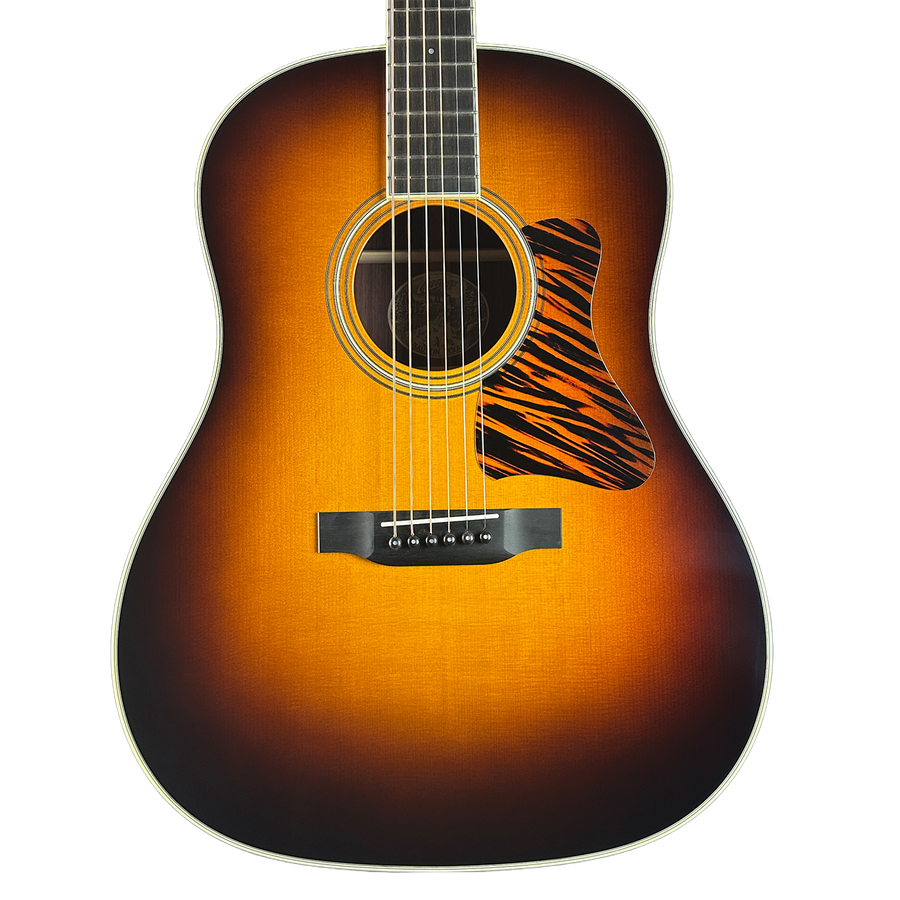 Front of Collings CJ Adirondack Sunburst Tigerstripe Pickguard.