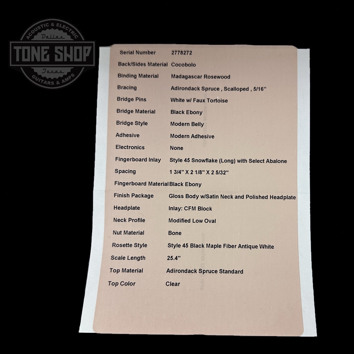 Spec sheet for Martin Custom Shop Dread Adirondack/Cocobolo.