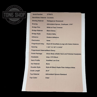 Spec sheet for Martin Custom Shop Dread Adirondack/Cocobolo.