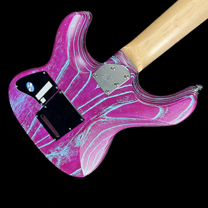 Back angle of ESP Custom Shop SNAPPER AS/M Drift Wood Indigo Purple w/Blue Filler.
