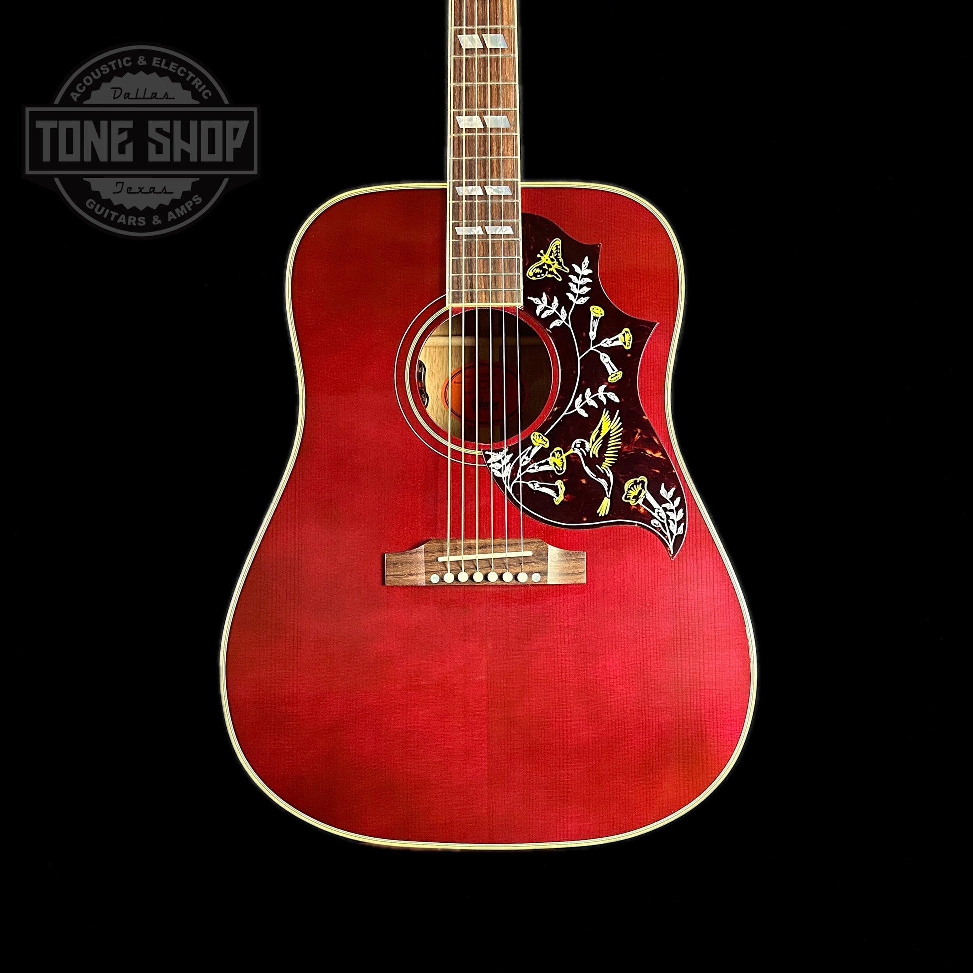 Front of body of Gibson Custom Shop M2M Hummingbird Original Wine Red.