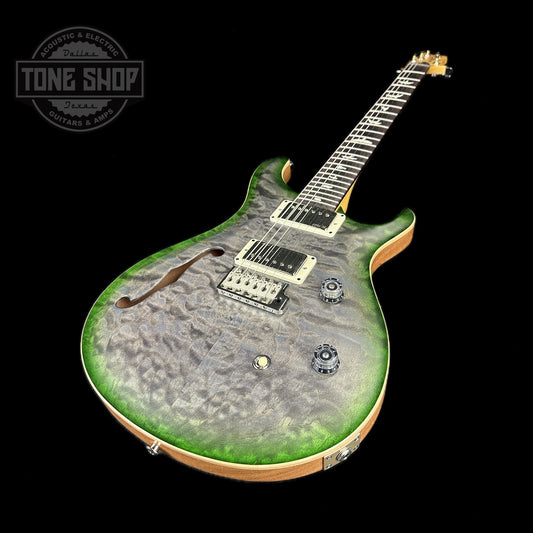 Front angle of PRS Paul Reed Smith CE24 Semi-hollow Faded Gray Black Green Burst.