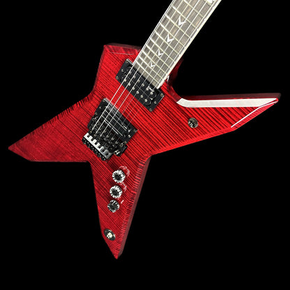 Front angle of Dean USA Dime Rebel Flame Top Trans Red.