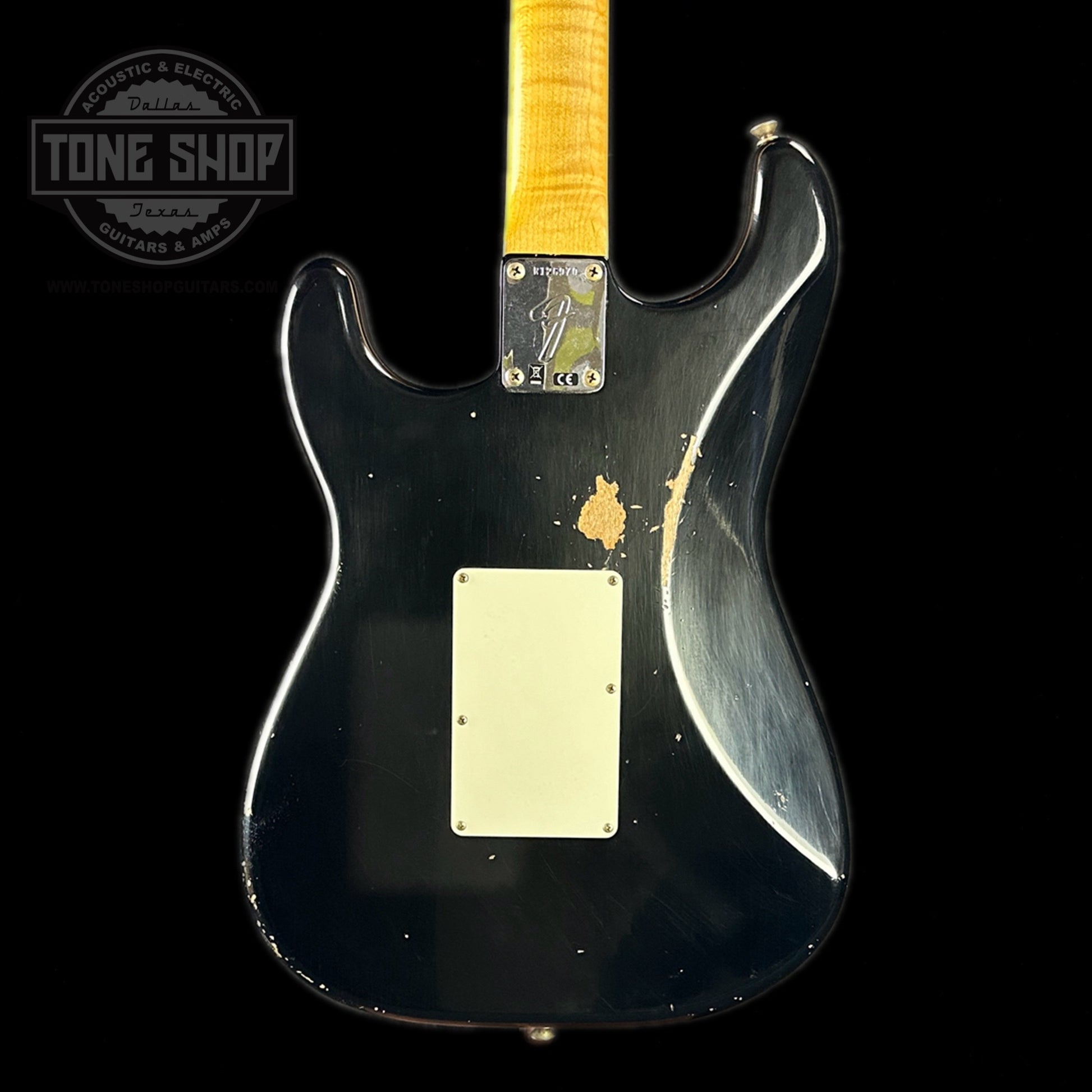 Back of body of Fender Custom Shop '69 Stratocaster Relic HSS Black Reverse Headstock.