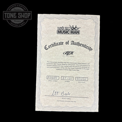 Certificate of authenticity for Ernie Ball Music Man BFR "Moonbeam" StingRay Special 5 HH 5-String Bass Figured White Maple Fretboard Trans Purple Burst.