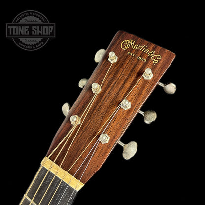 Front of headstock of Martin Custom Shop 000-28 Authentic 1937 Vintage Low Gloss w/Stage 1 Aging w/Ambertone Burst.