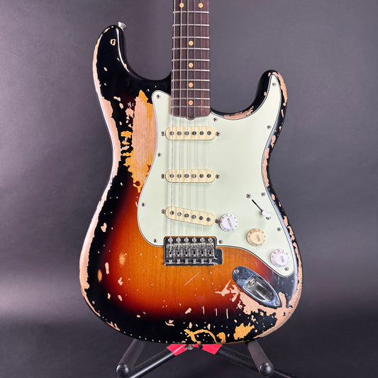 Front of Used Fender Mike McCready Strat Relic 3 Color Sunburst.
