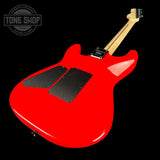 Back angle of Charvel Custom Shop San Dimas2H F R Ferrari Red.