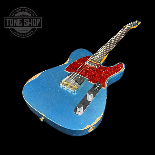 Front angle of Fender Custom Shop Limited Edition '64 Tele Relic Aged Lake Placid Blue.