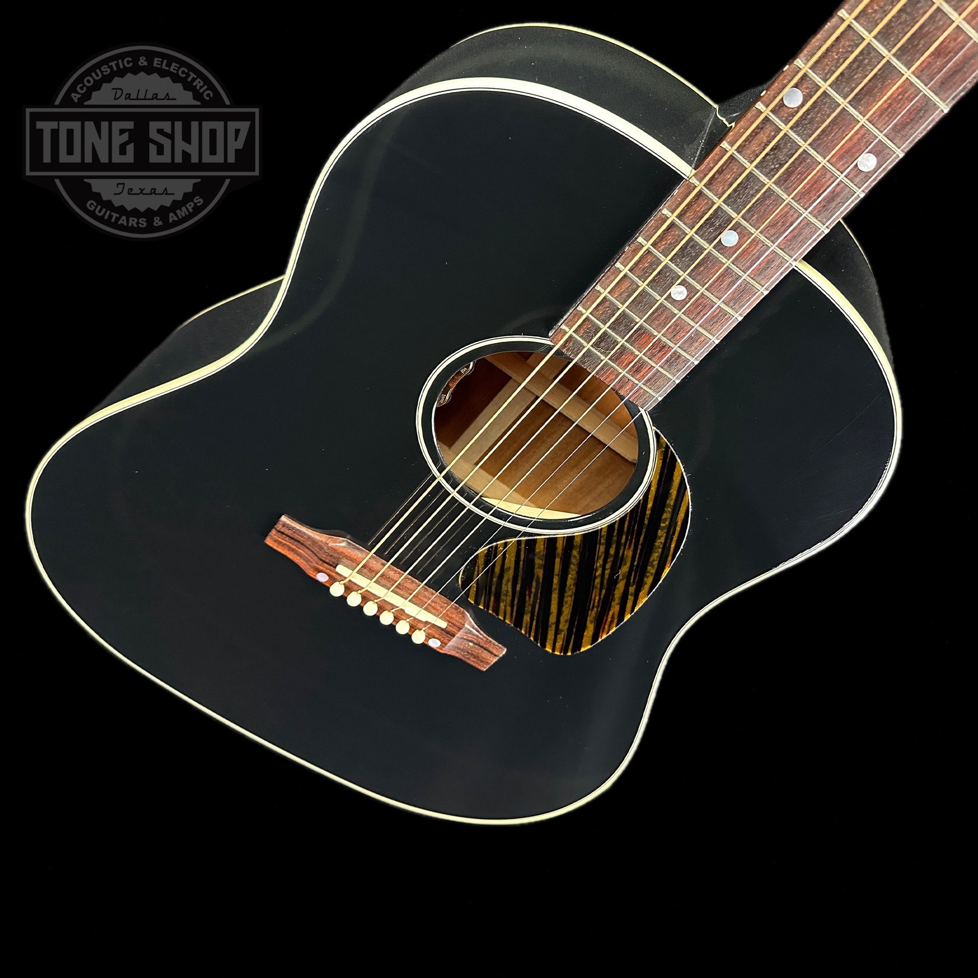 Front angle of Gibson Custom Shop M2M J-45 Long Scale Ebony.