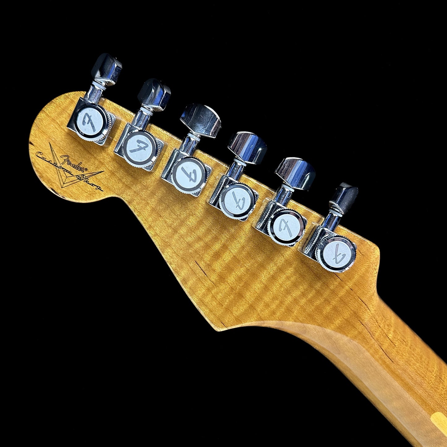 Back of headstock of Used Fender Custom Shop Stratocaster NOS Honey Blonde.