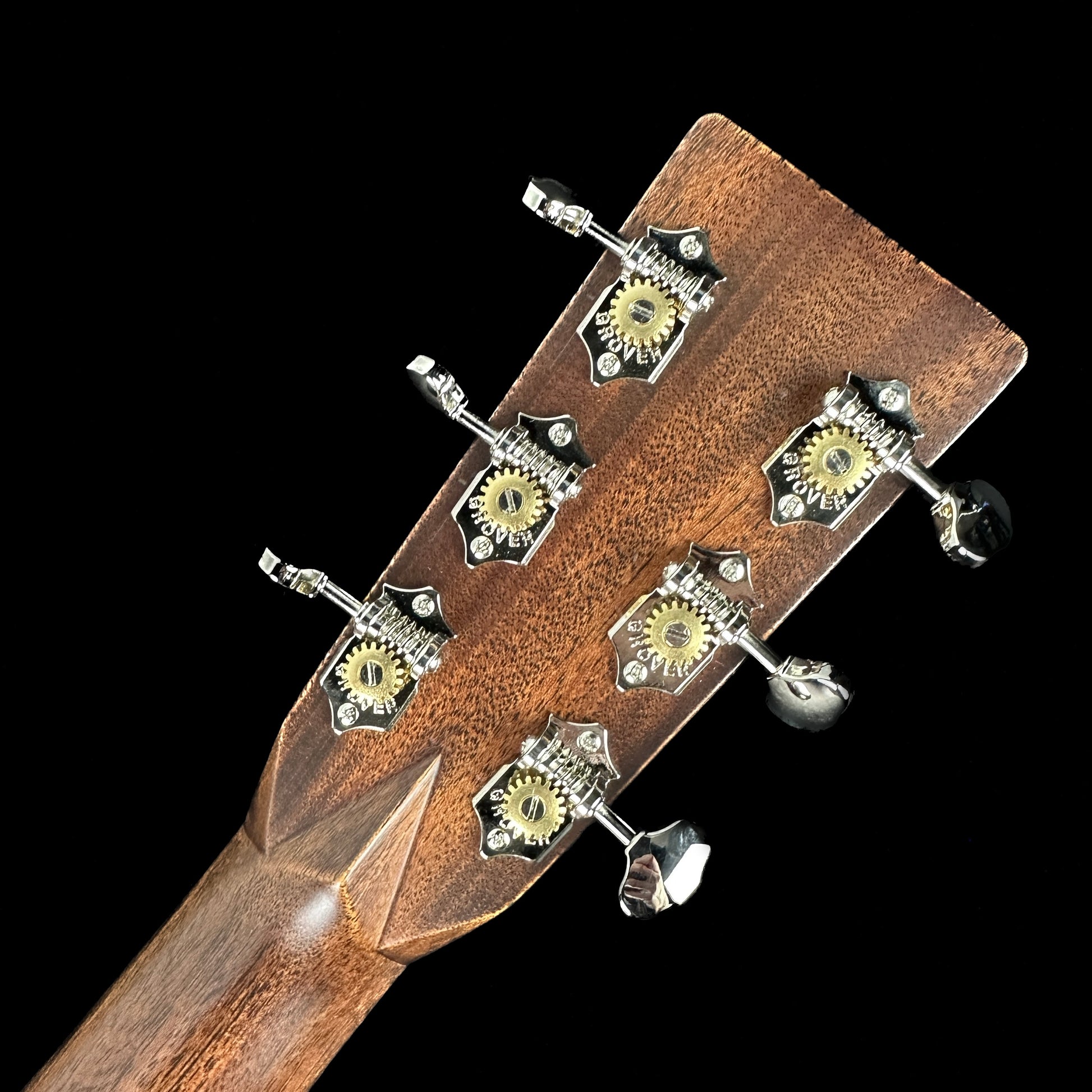 Back of headstock of Martin Custom Shop Dread All Quilted Pomme Sapele.