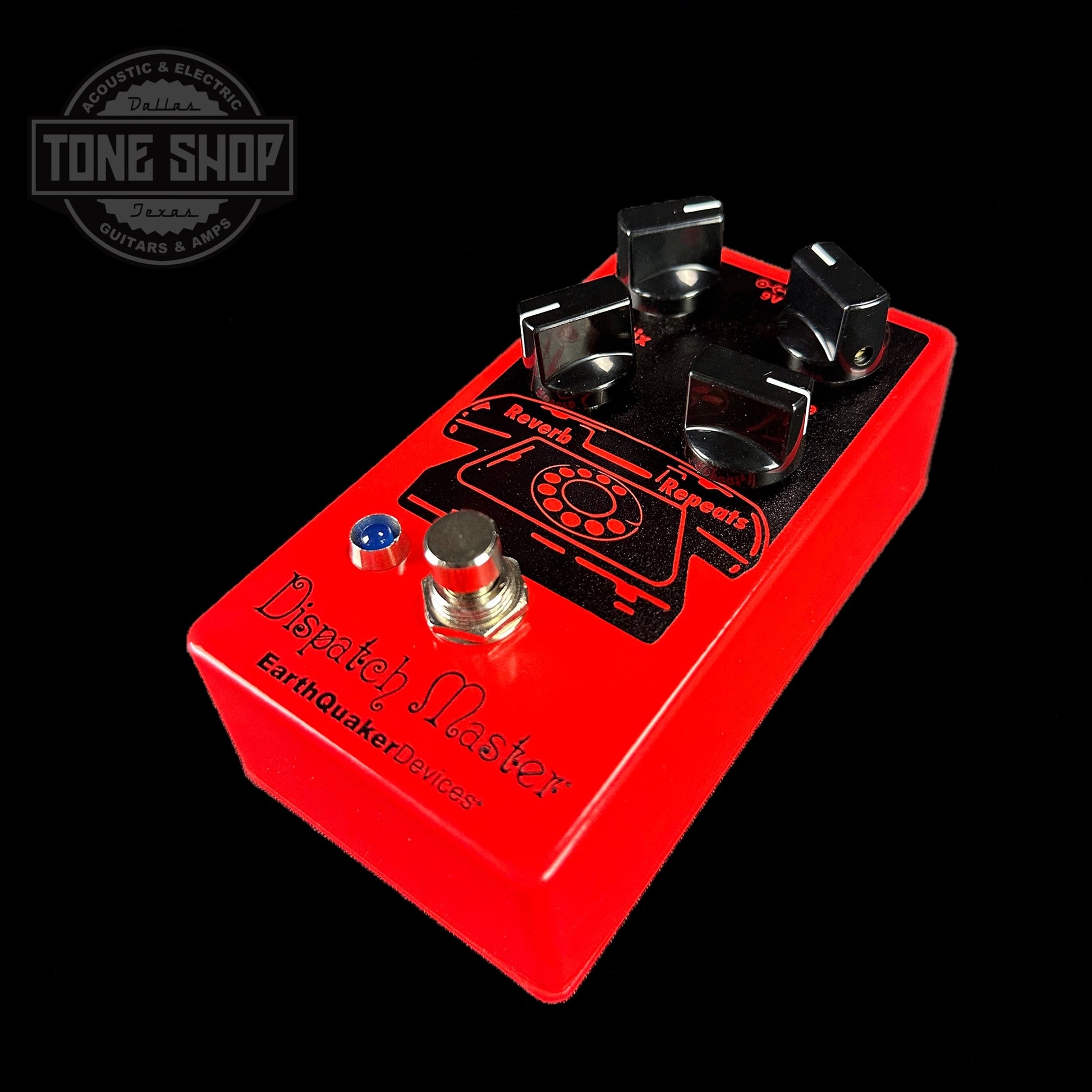 Front angle of EarthQuaker Devices Dispatch Master V3 Tone Shop Custom Candy Apple Red.