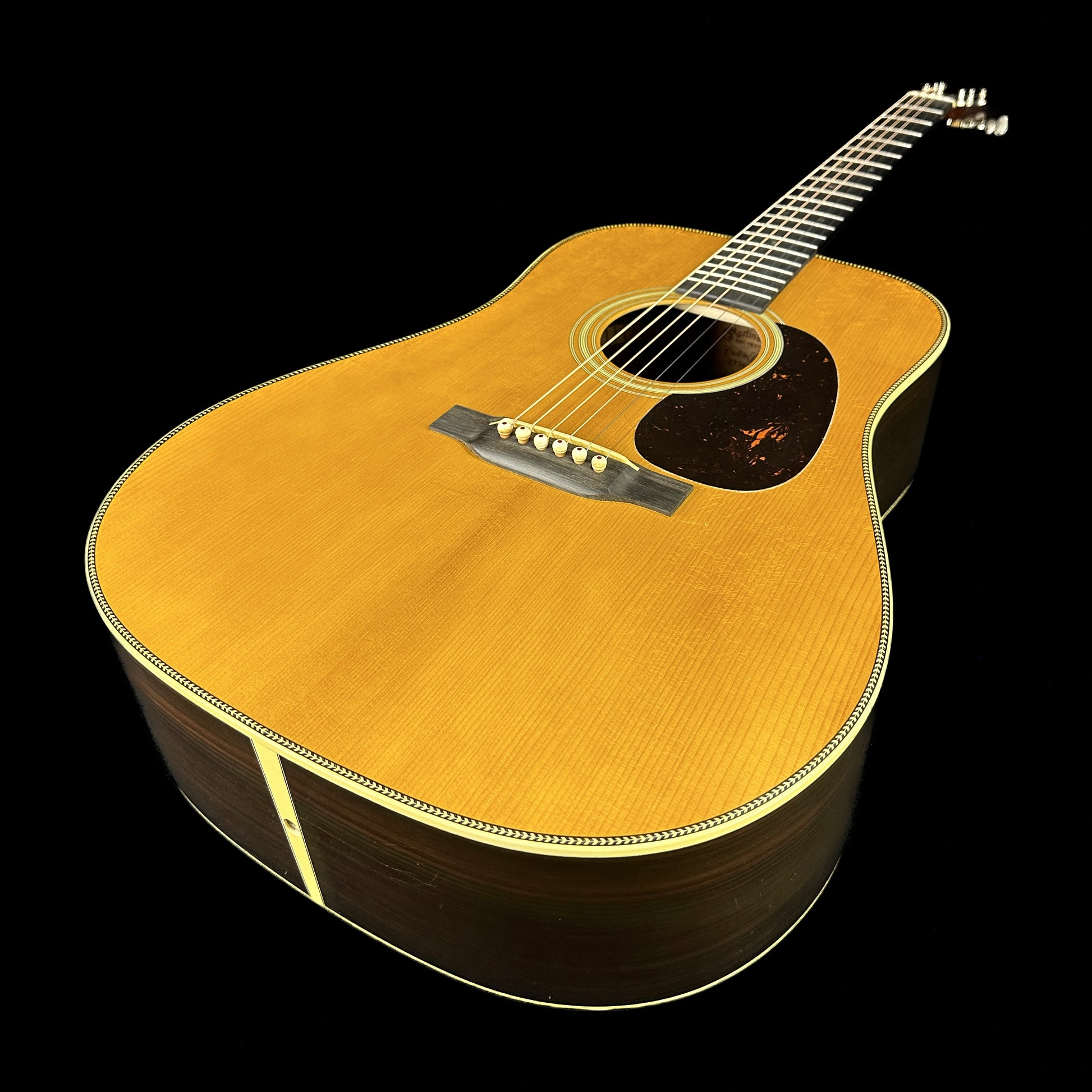Front angle of Martin Custom Shop '37 D-28 Authentic Brazilian Rosewood Stage 1 Aging.
