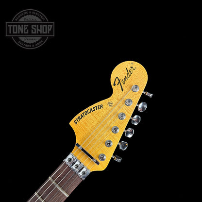Front of headstock of Fender Custom Shop 69 Stratocaster Relic HSS Ocean Turquoise Reverse Headstock.