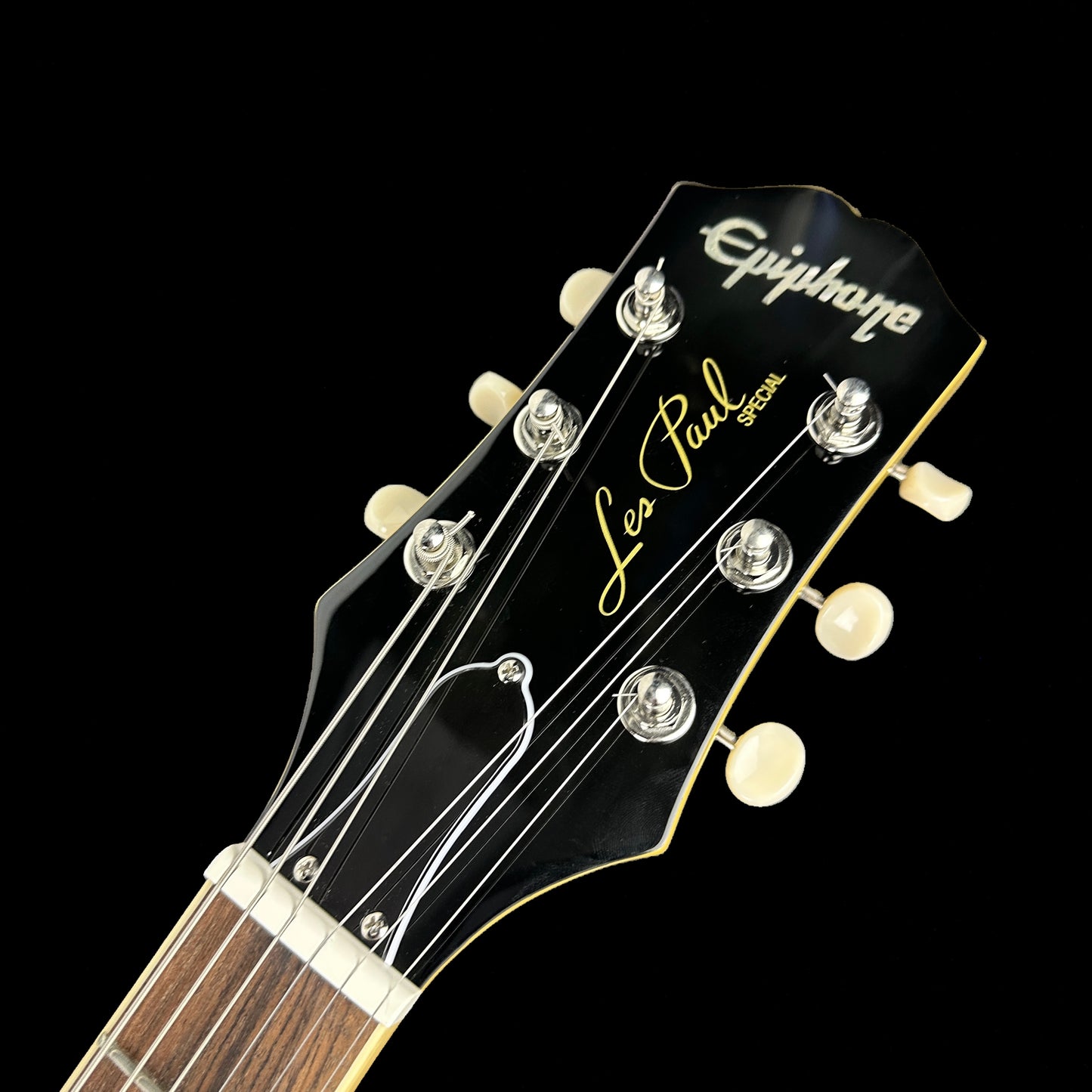 Front of headstock of Used Epiphone Les Paul Special TV Yellow.