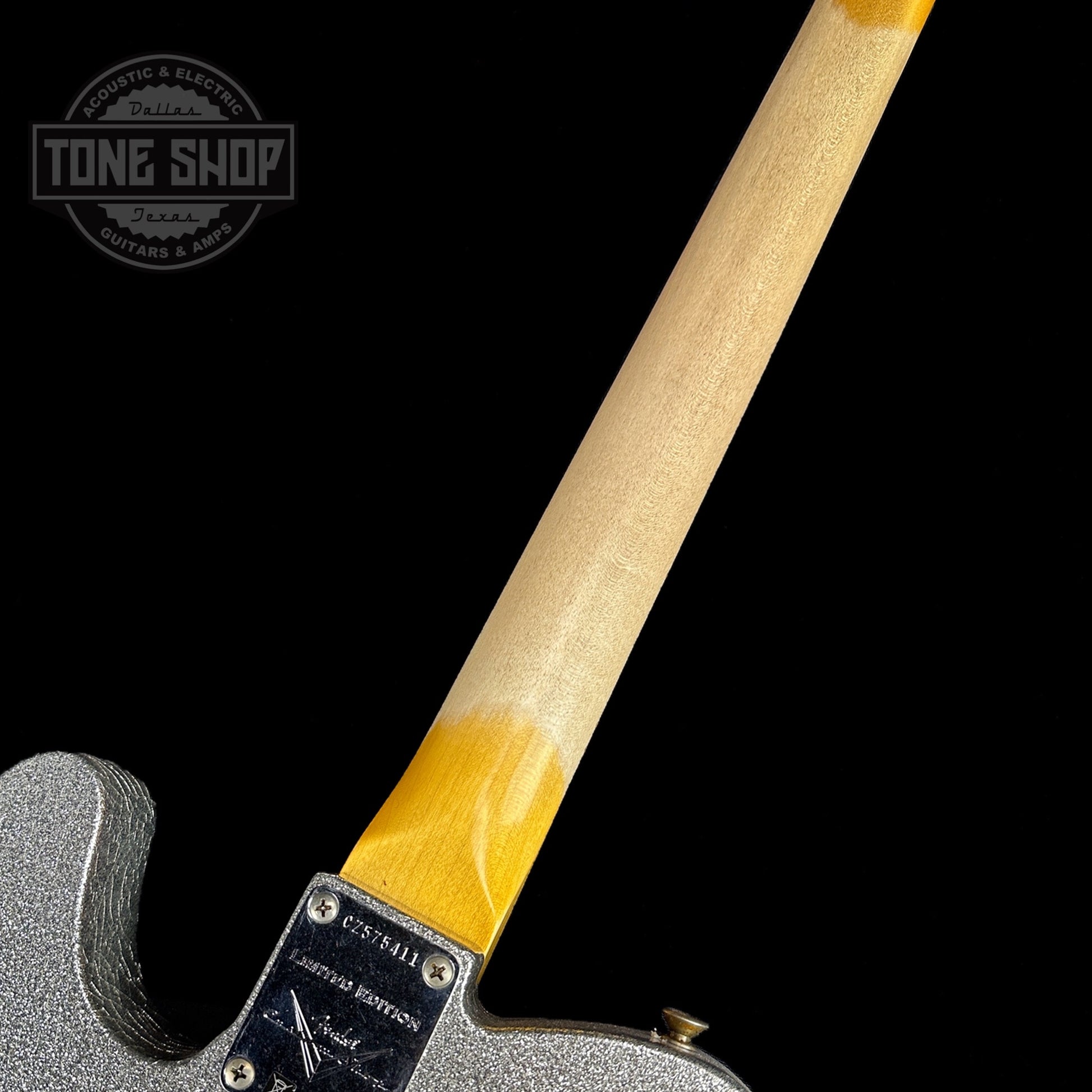 Back of neck of Fender Custom Shop Limited Edition '60 Tele Journeyman Relic Aged Silver Sparkle.