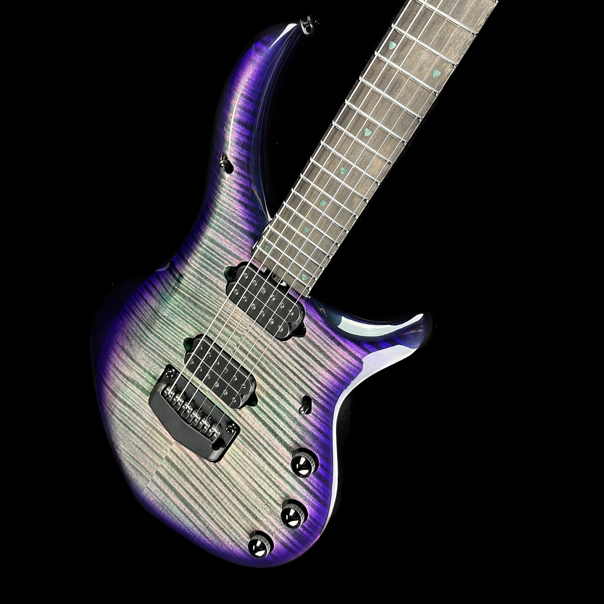 Front angle of Ernie Ball MusicMan Majesty 6 Limited Crystal Amethyst.