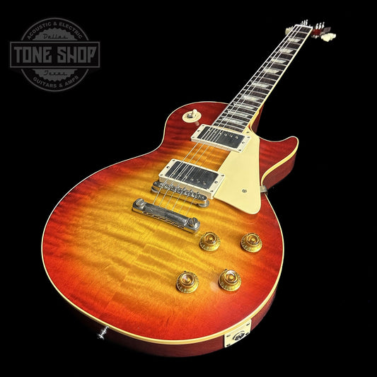 Front angle of Gibson Custom Shop M2M 1959 Les Paul Standard Chambered Factory Burst Murphy Lab Ultra Light Aged.