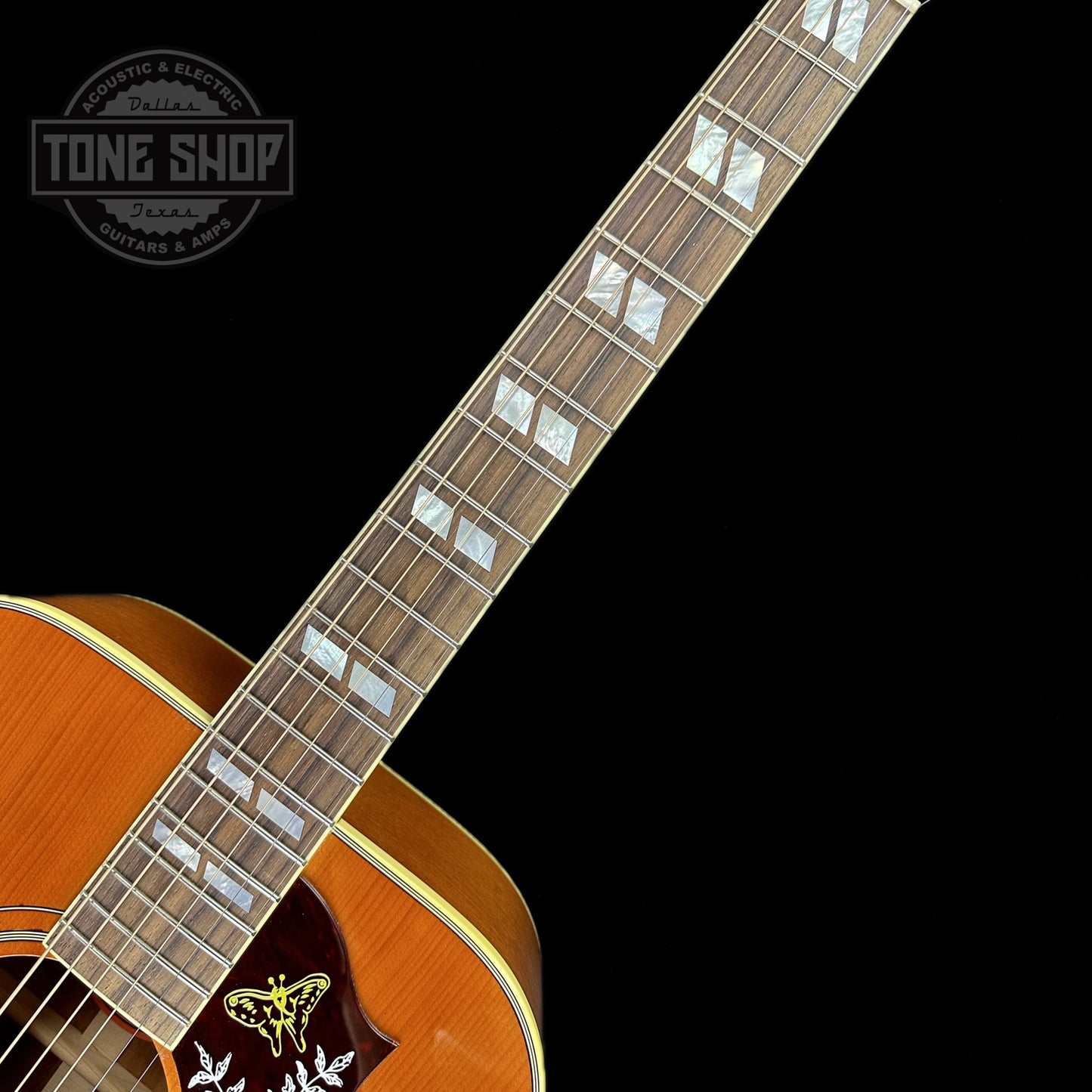 Fretboard of Gibson Custom Shop M2M Hummingbird Original Adj Red Spruce Top Heritage Cherry Burst.