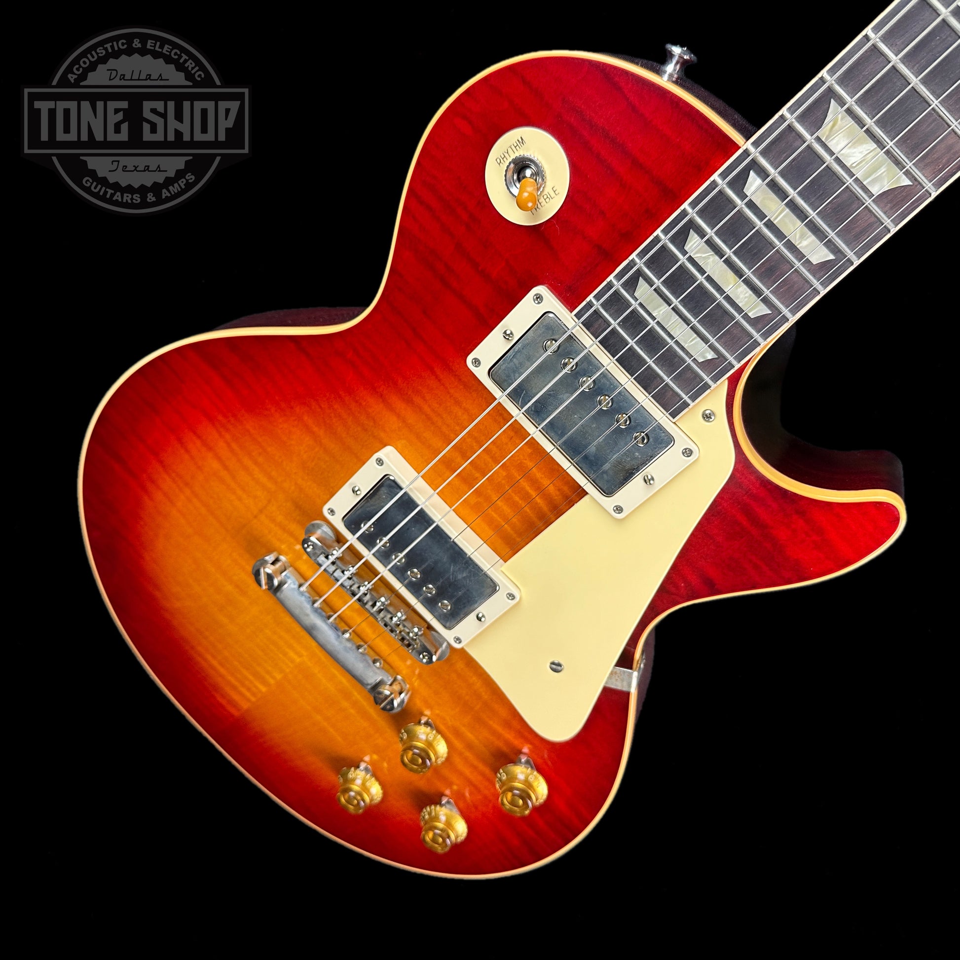 Front angle of Gibson Custom Shop M2M 1959 Les Paul Standard Chambered Factory Burst VOS.