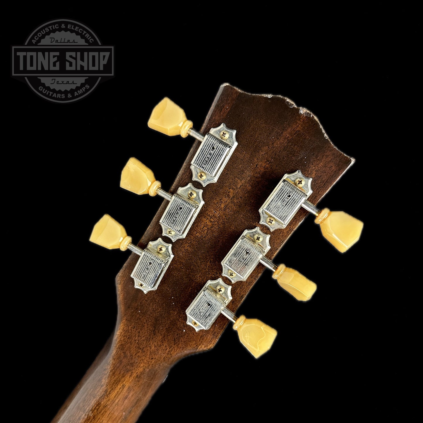 Back of headstock of Gibson Custom Shop 1958 ES-335 Faded Tobacco Sunburst Murphy Lab Heavy Aged Limited.