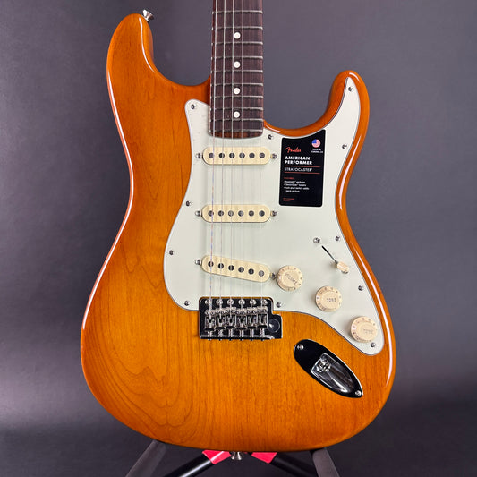 Front of Used Fender American Performer Stratocaster RW Honey Burst.