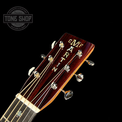 Front of headstock of Martin Custom Shop Dread Adirondack/Cocobolo.