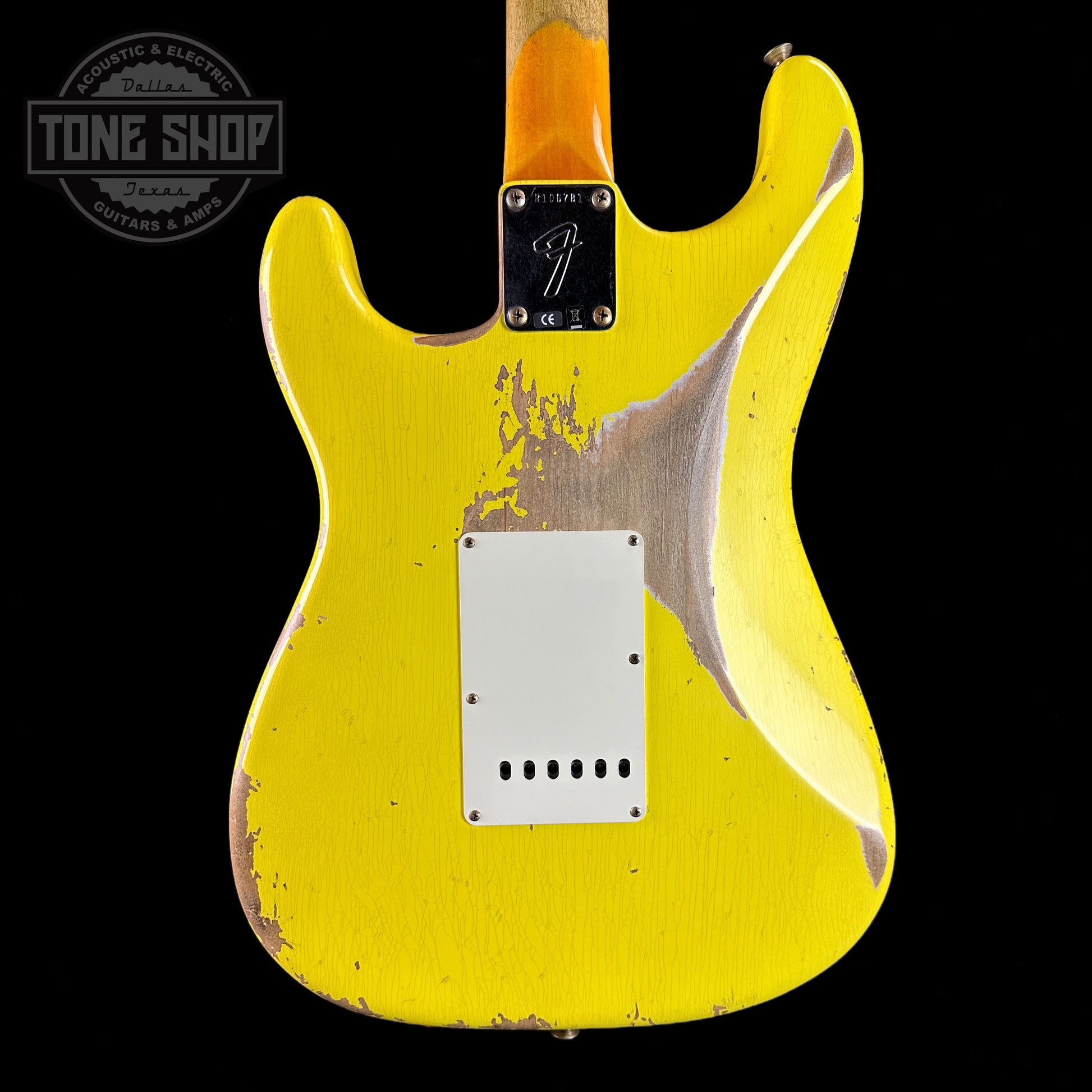 Back of body of Used Fender Custom Shop '69 Strat HSS Graffiti Yellow Heavy Relic.