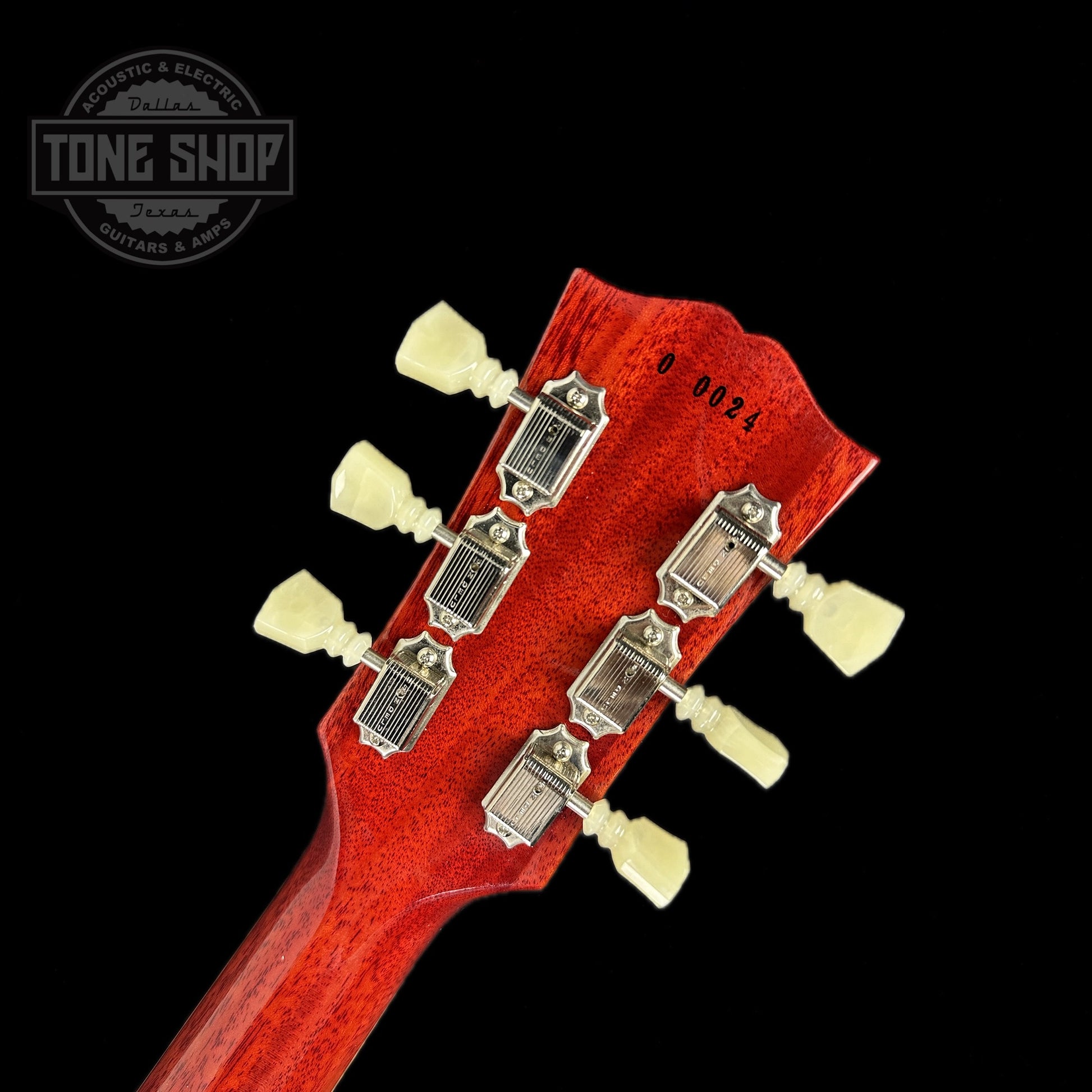 Back of headstock of Used 2018 Gibson Custom Shop Wildwood Spec 1960 Les Paul Standard Reissue Lemon Burst.
