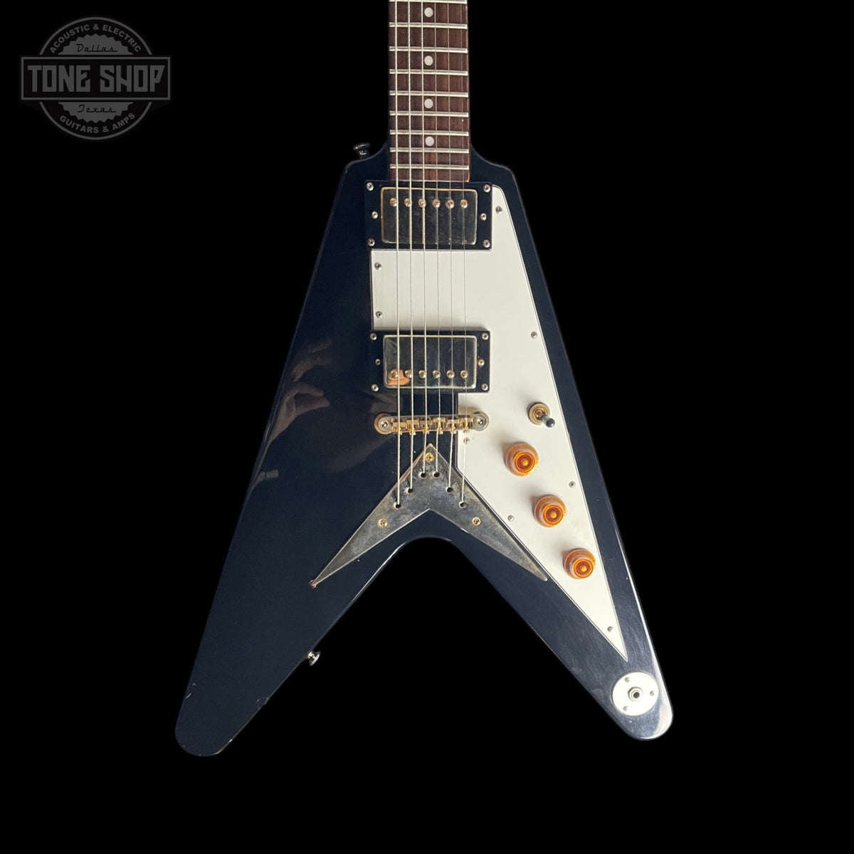 Front of Used 2002 Epiphone 58 Reissue Flying V Black.