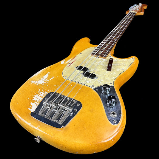 Front angle of Vintage Fender Mustang Bass Blonde.