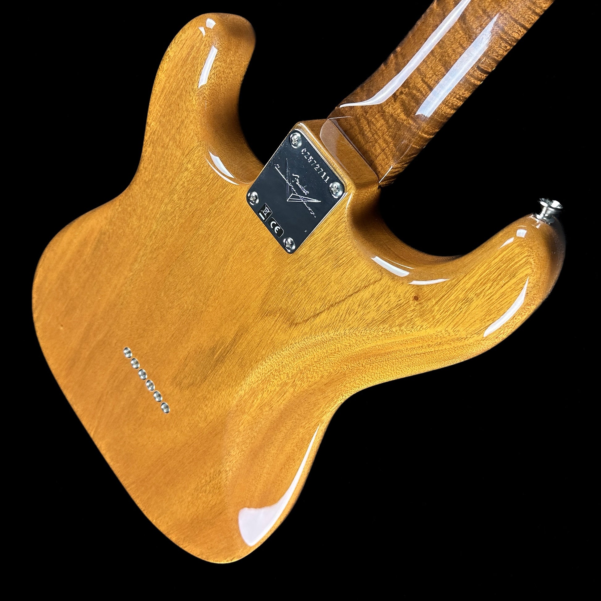 Back angle of Fender Custom Shop Artisan Dual P90 Koa Strat NOS RW Aged Natural.