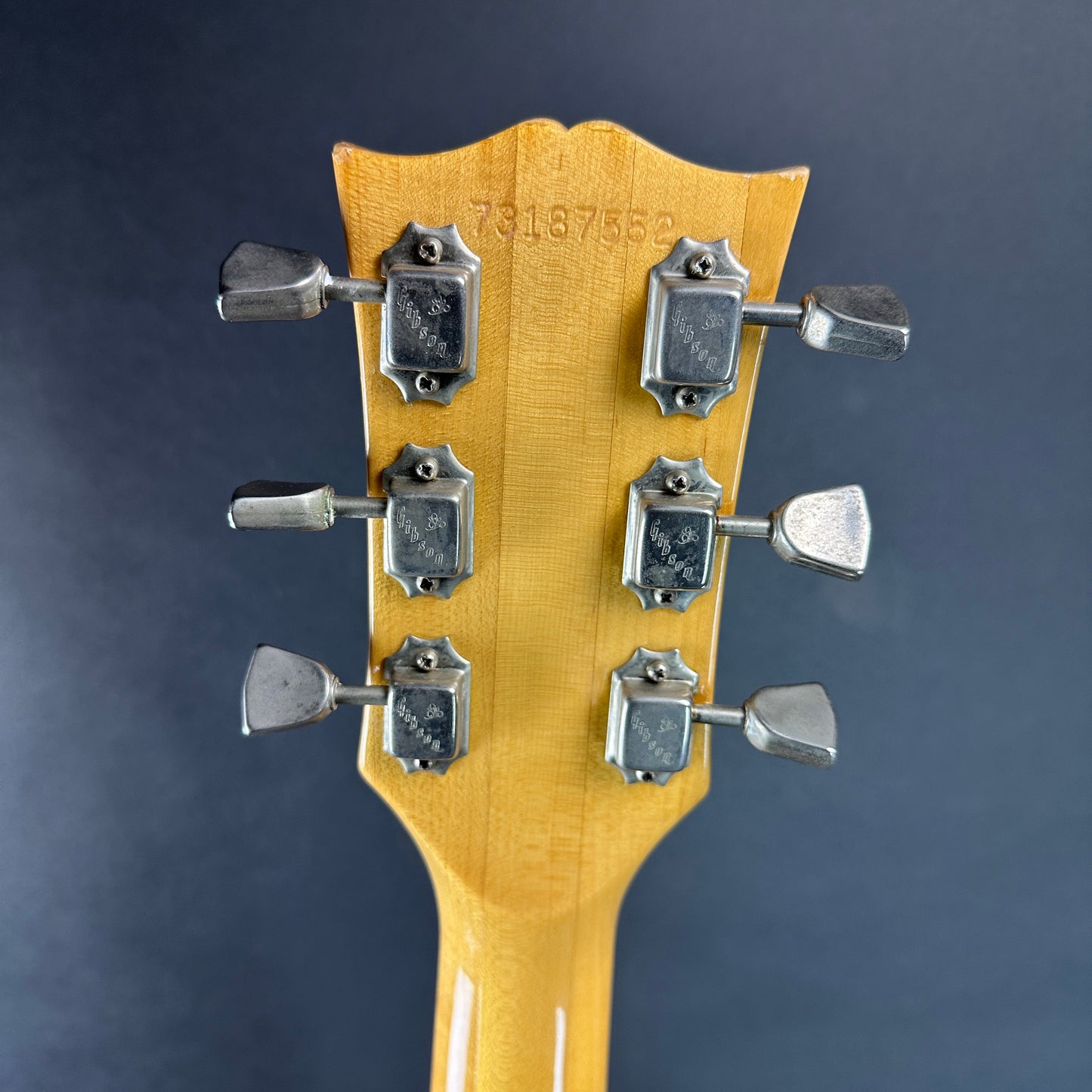 Back of headstock of Vintage 1977 Gibson Les Paul Deluxe Natural.