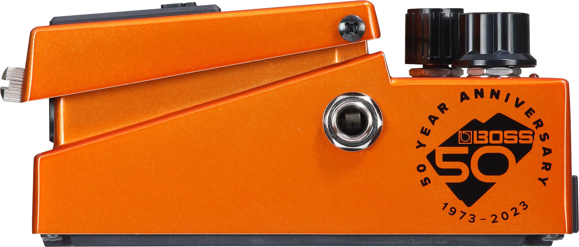 Side angle of Boss Limited Edition 50th Anniversary DS-1 Distortion Pedal.