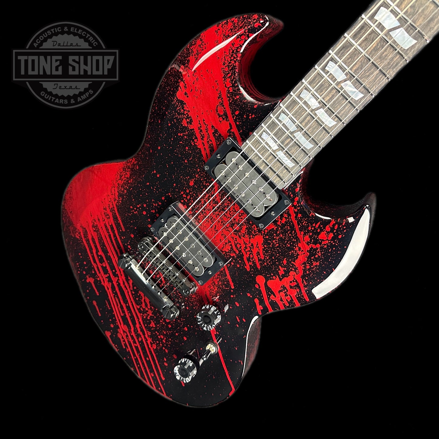 Front angle of ESP USA Viper Black Blood Splatter.