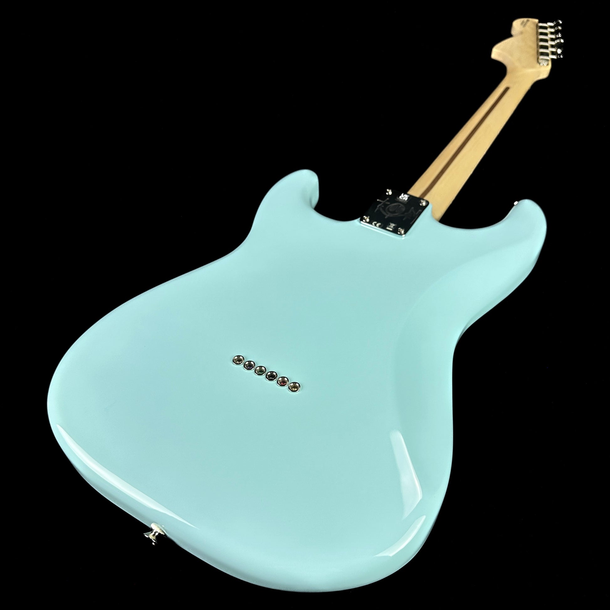 Back angle of Used Fender Limited Edition Tom Delonge Stratocaster Daphne Blue.