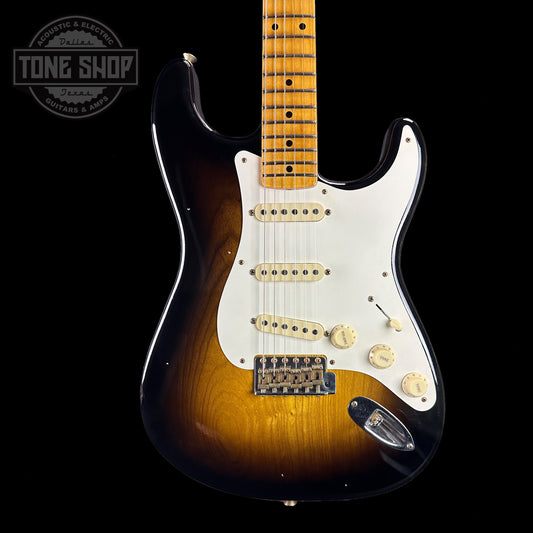 Front of body of Fender 1956 Stratocaster Journeyman Relic Maple Neck Wide-Fade 2-Color Sunburst.