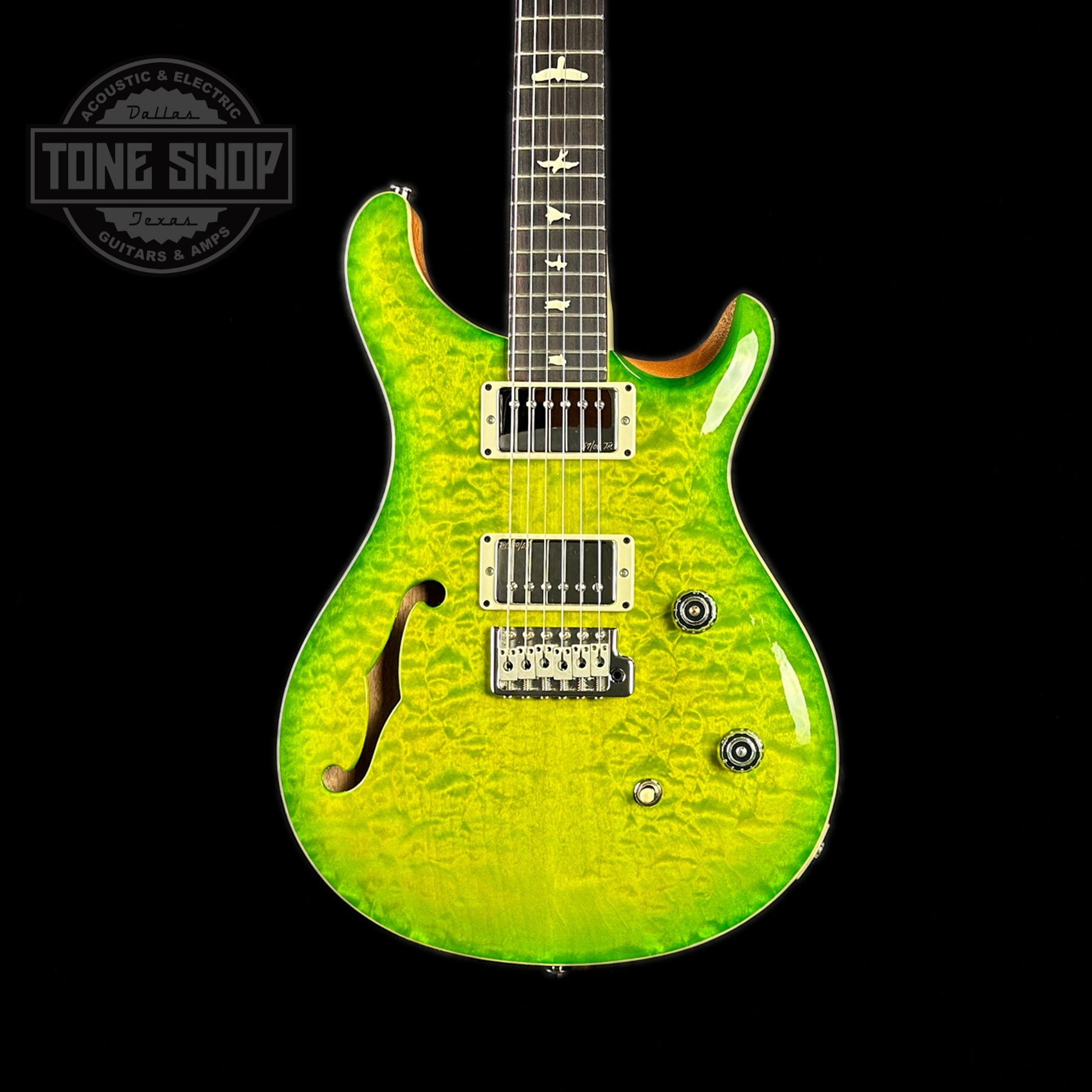 Front of body of PRS Paul Reed Smith CE24 Semi-Hollow Quilt Eriza Verde.