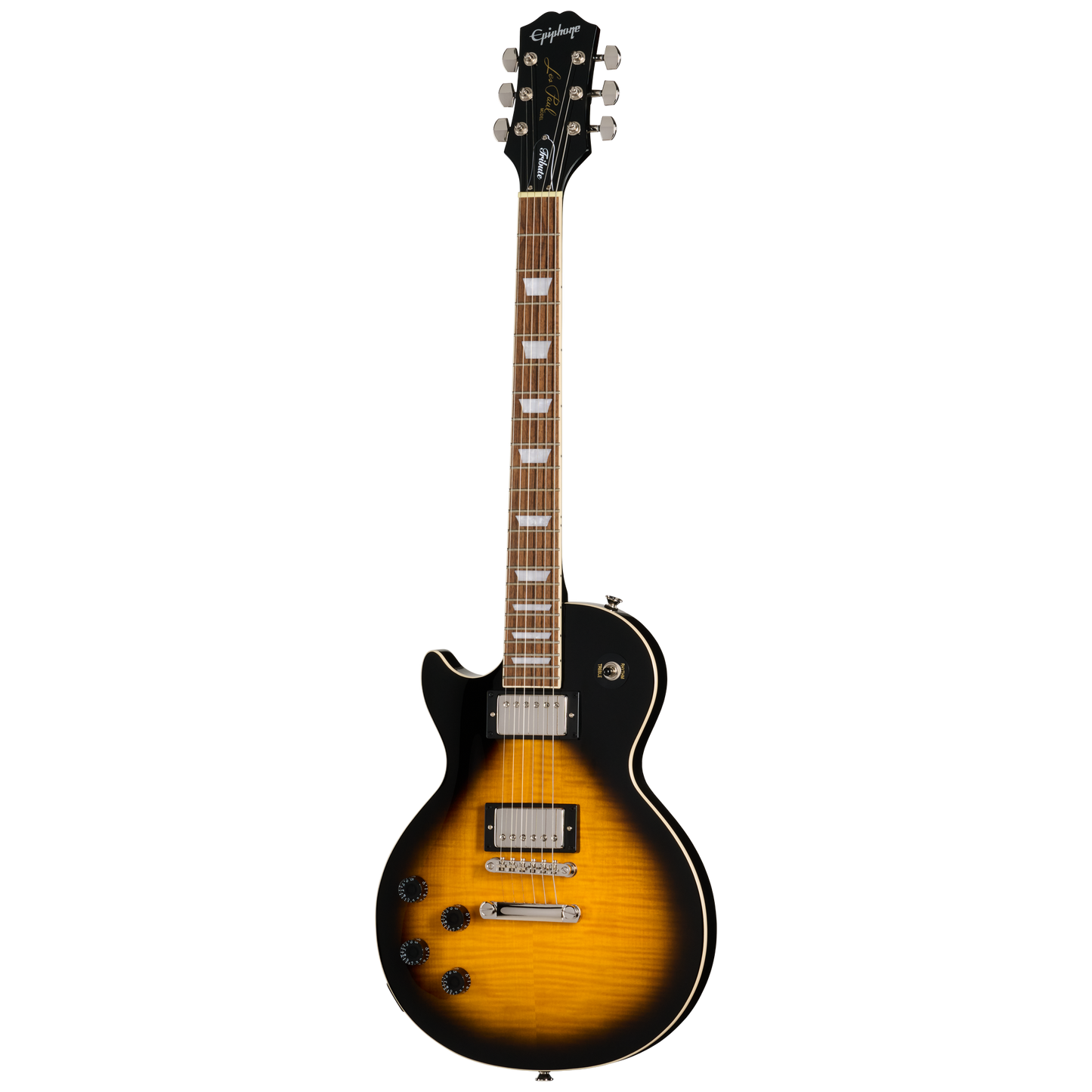 Full frontal of Epiphone Les Paul Tribute Plus LH Vintage Sunburst.