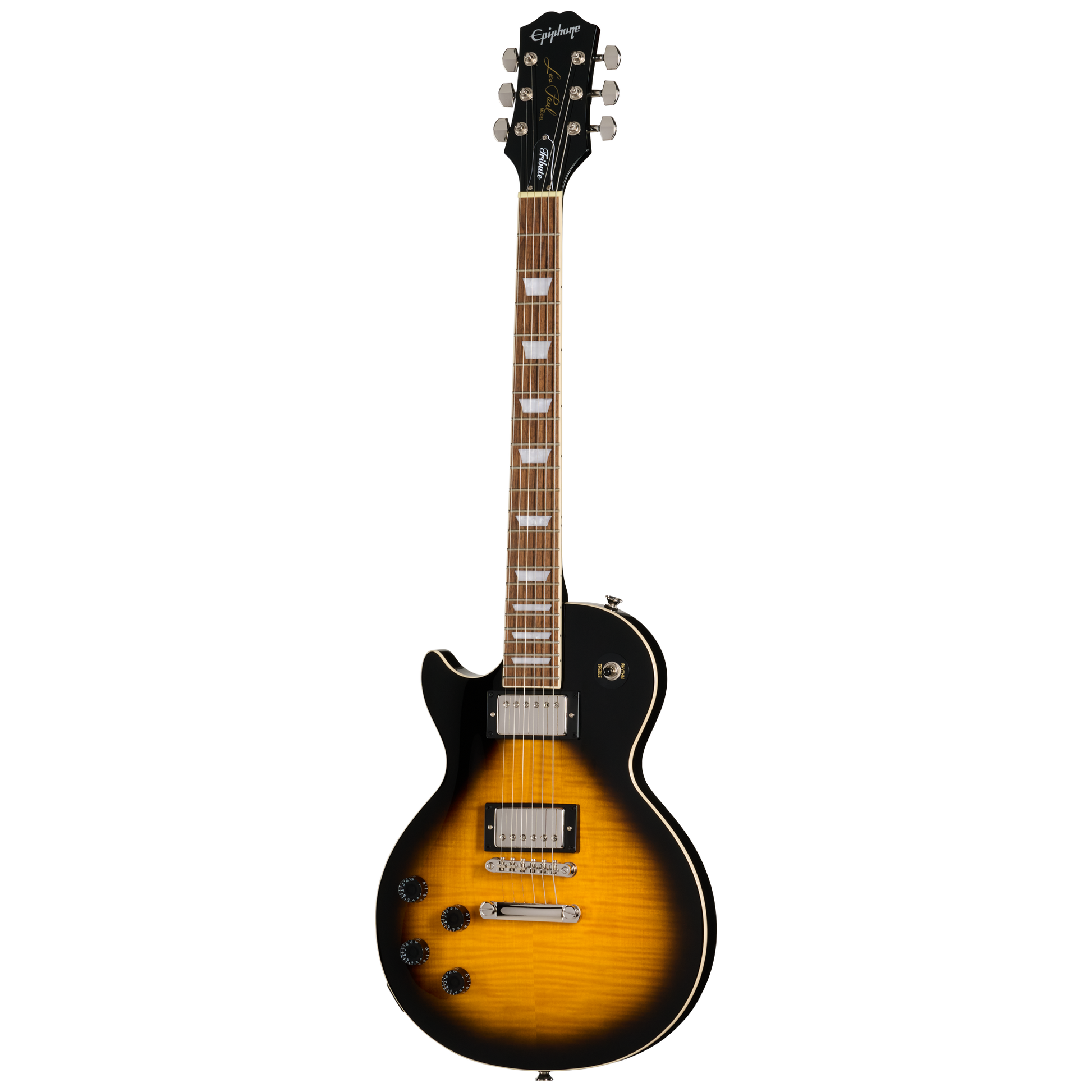 Full frontal of Epiphone Les Paul Tribute Plus LH Vintage Sunburst.