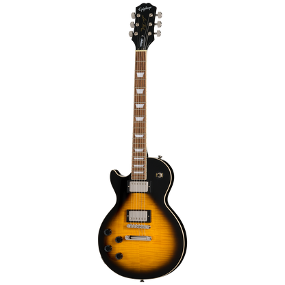 Full frontal of Epiphone Les Paul Tribute Plus LH Vintage Sunburst.